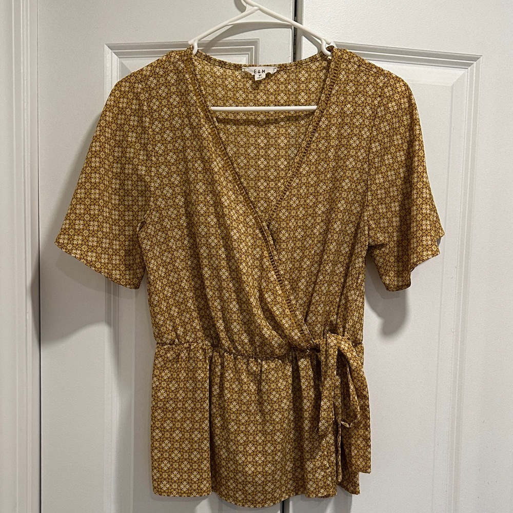 Elegant Mustard Floral Wrap Blouse